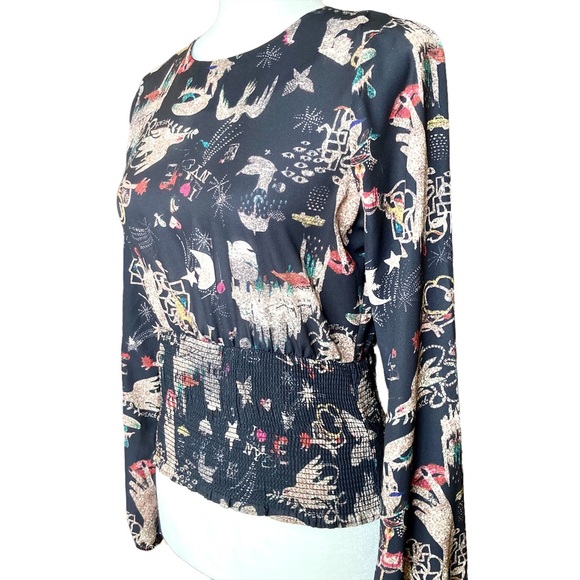 Nicole Miller NY black long puff sleeve blouse smocked waist holiday print XS - Picture 3 of 14